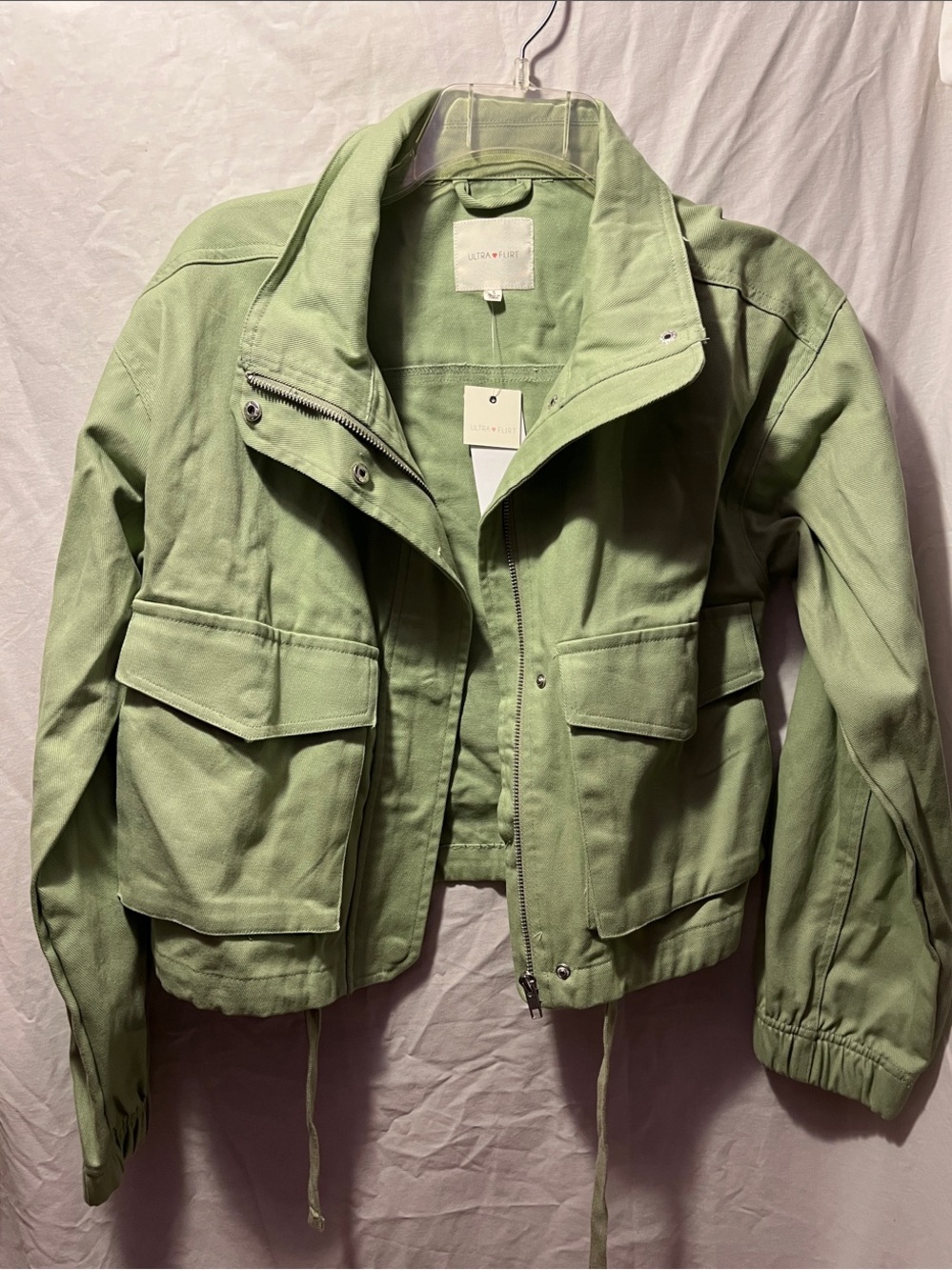 Ultra Flirt Sage Green Cropped Utility Jacket with Flap Pockets